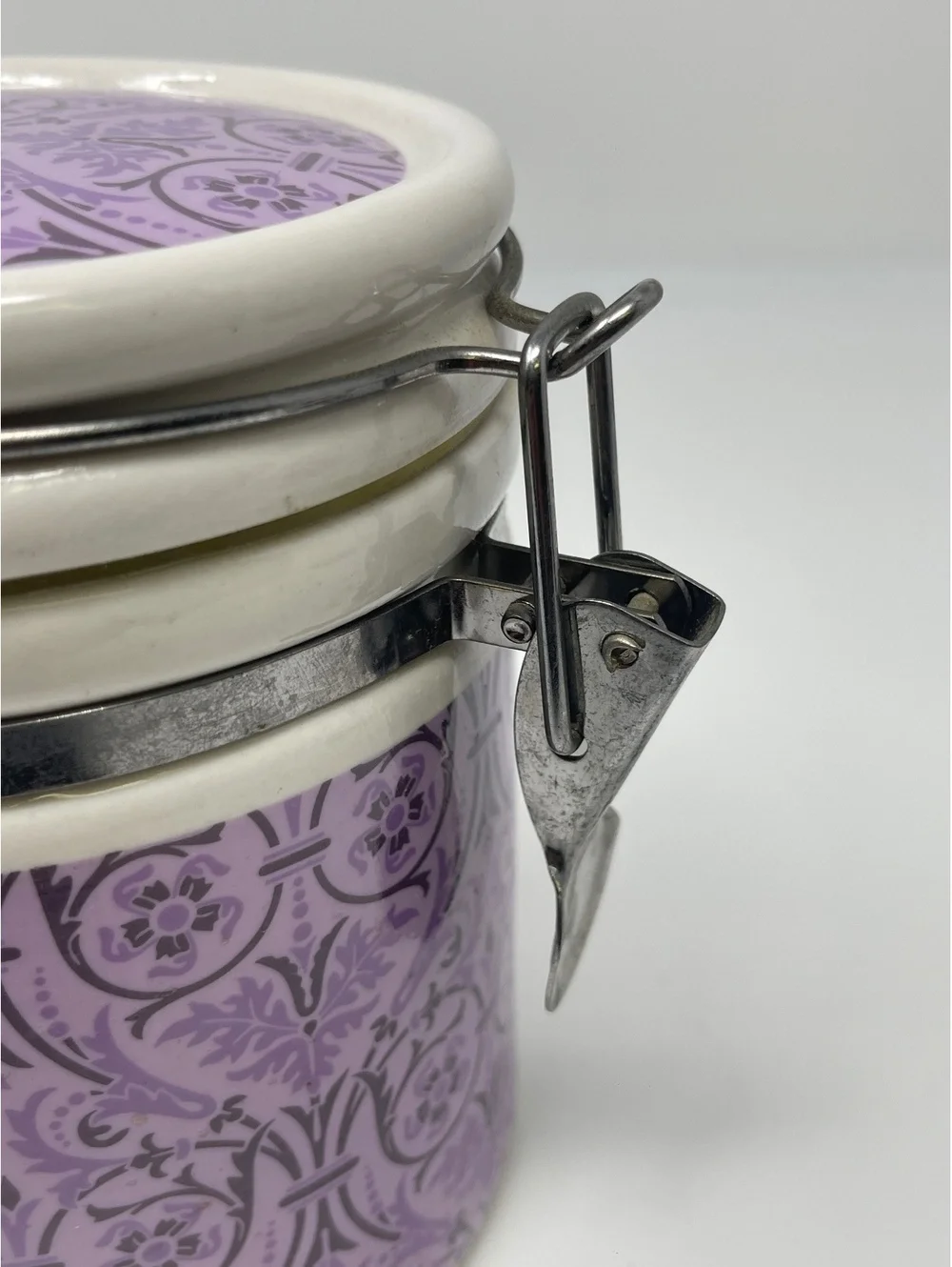 Vintage Purple Floral Ceramic Jar Canister Storage Container Wire Metal Clamp